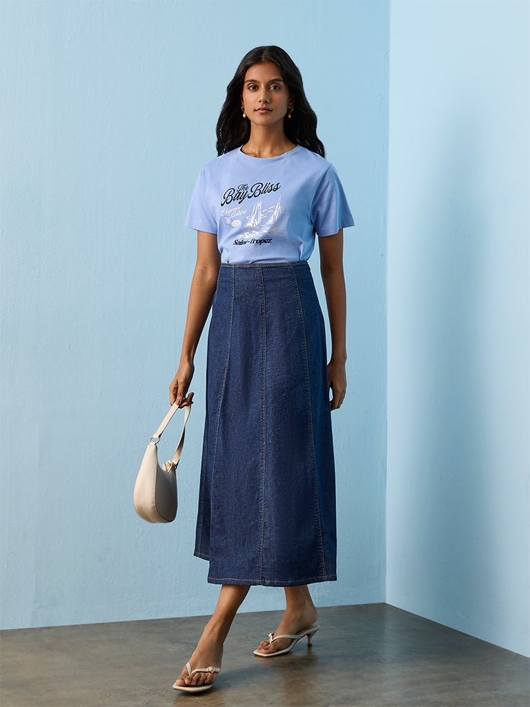 LOV Blue Printed Cotton T-Shirt