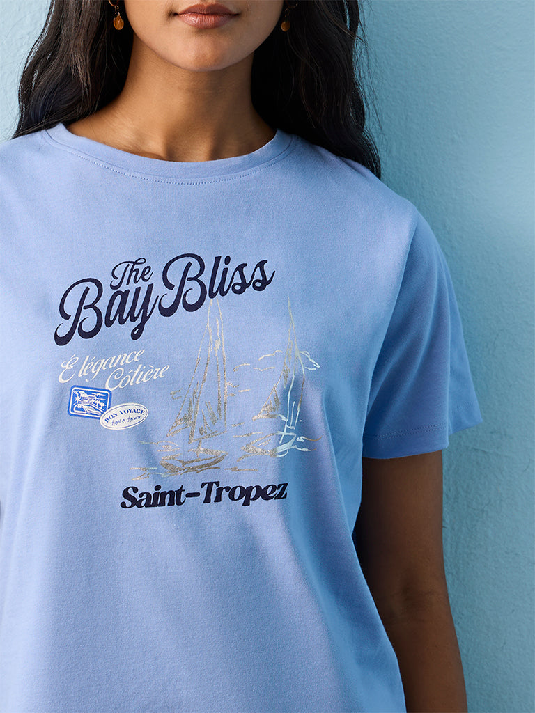 LOV Blue Printed Cotton T-Shirt