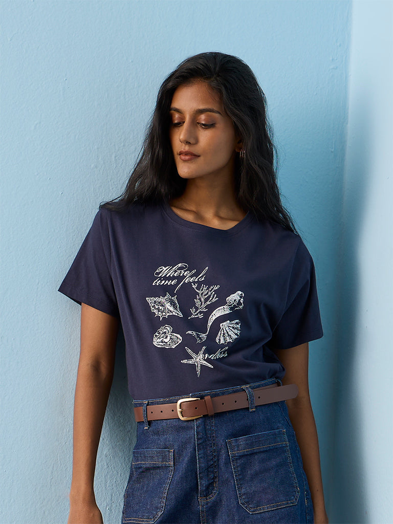 LOV Navy Coastal Theme Cotton T-Shirt