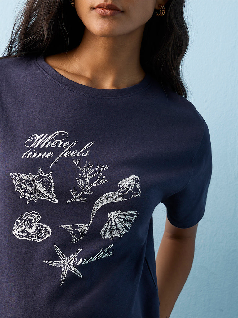 LOV Navy Coastal Theme Cotton T-Shirt