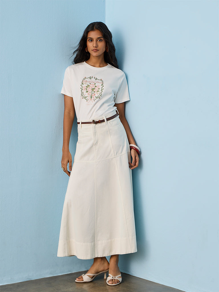 LOV White Floral Printed Cotton T-Shirt