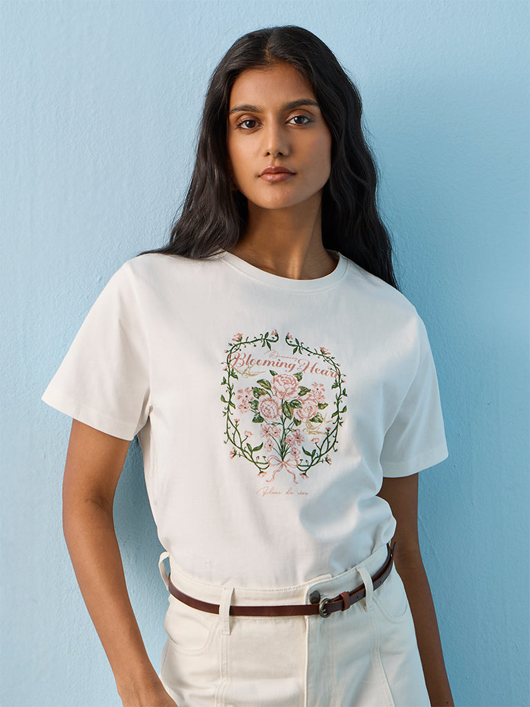 LOV White Floral Printed Cotton T-Shirt