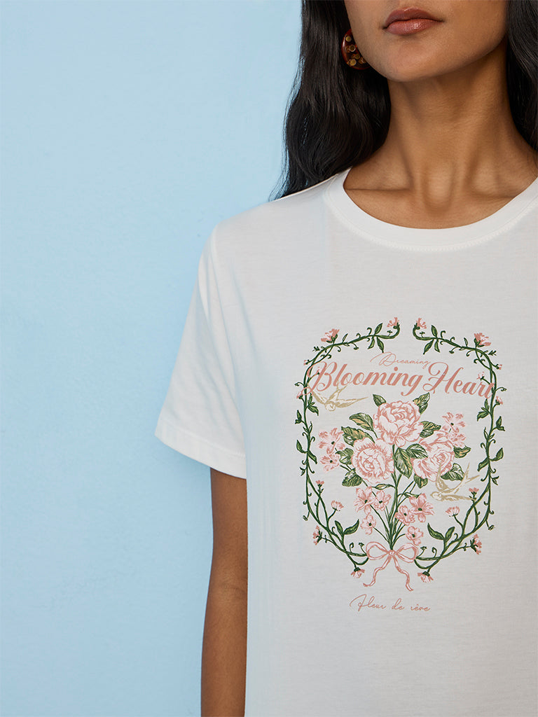 LOV White Floral Printed Cotton T-Shirt
