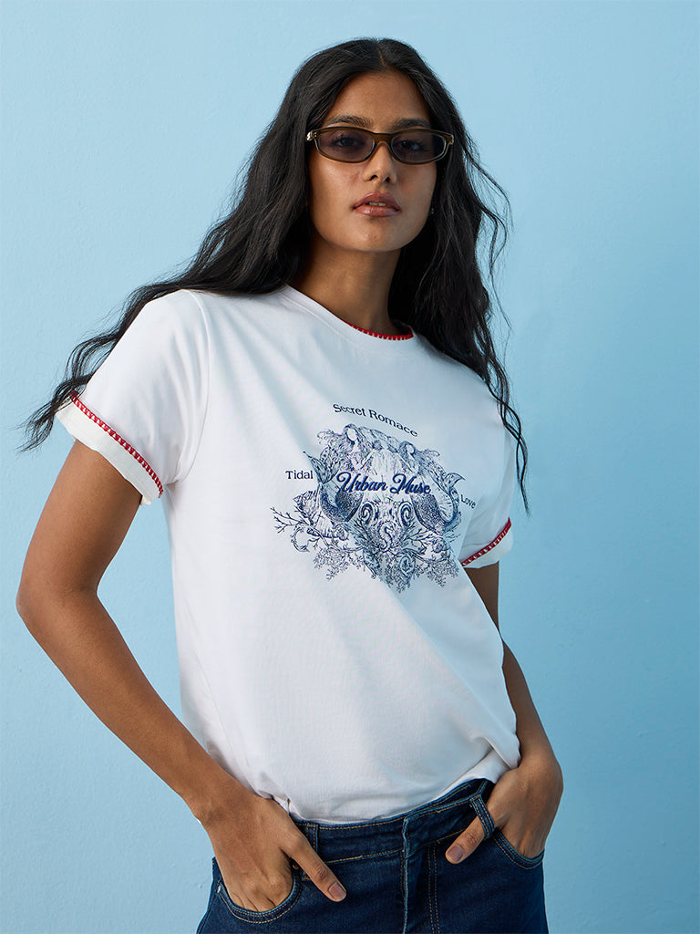 LOV White Graphic Printed Cotton T-Shirt