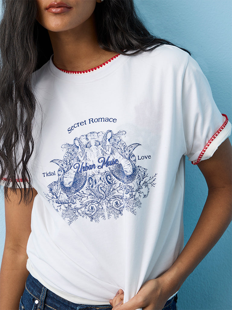 LOV White Graphic Printed Cotton T-Shirt