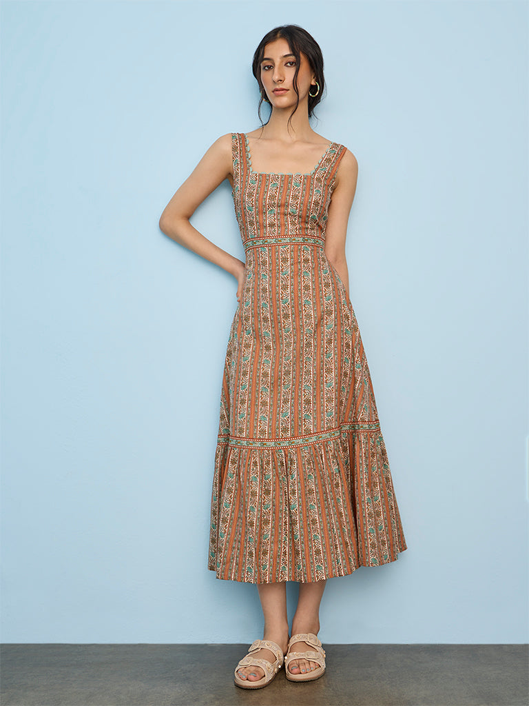 Bombay Paisley Orange Floral Printed Cotton A-Line Dress