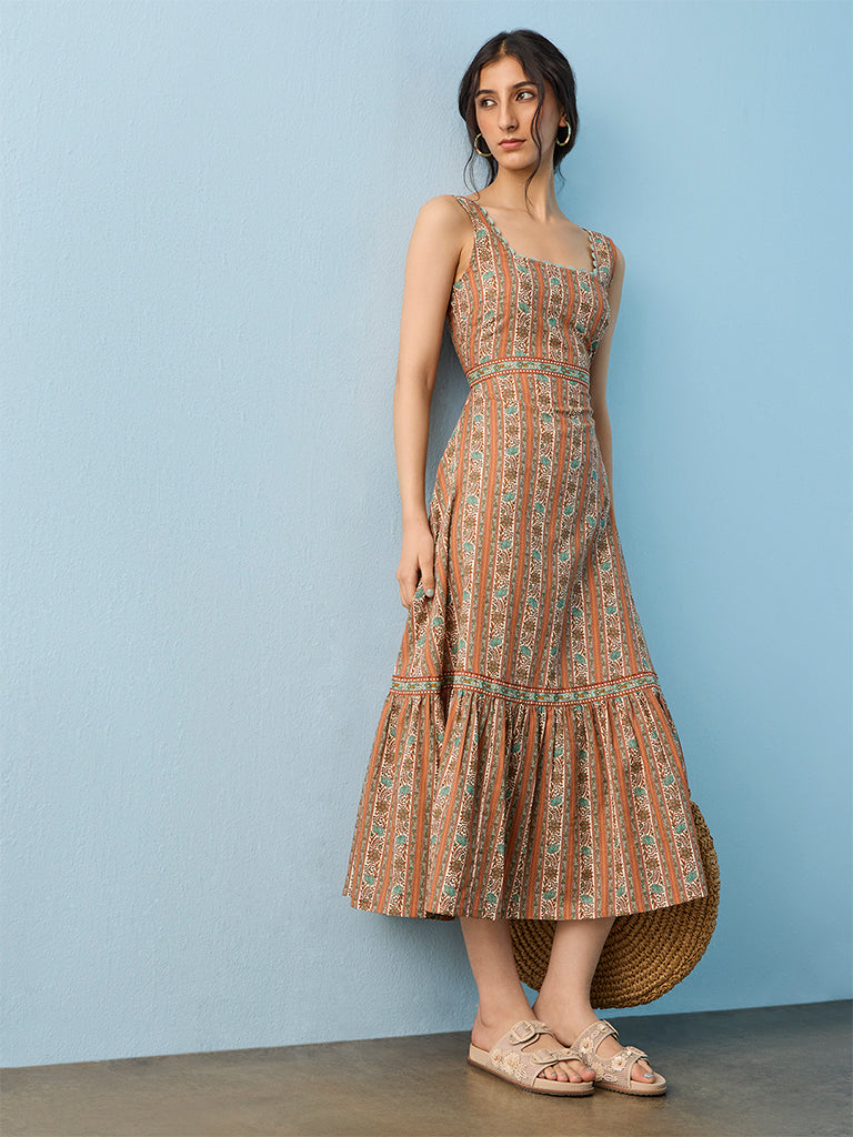 Bombay Paisley Orange Floral Printed Cotton A-Line Dress