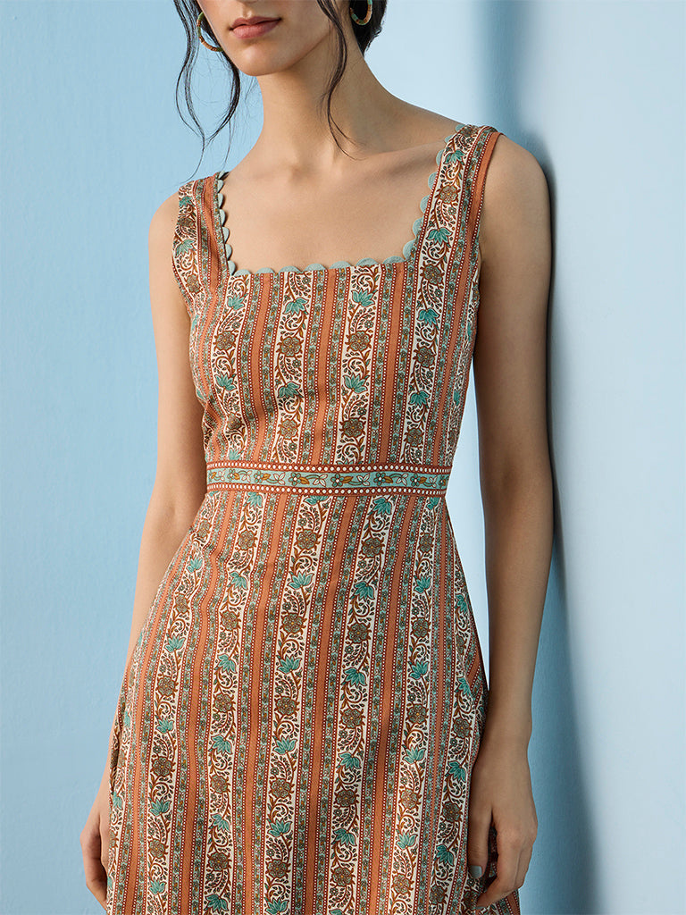 Bombay Paisley Orange Floral Printed Cotton A-Line Dress