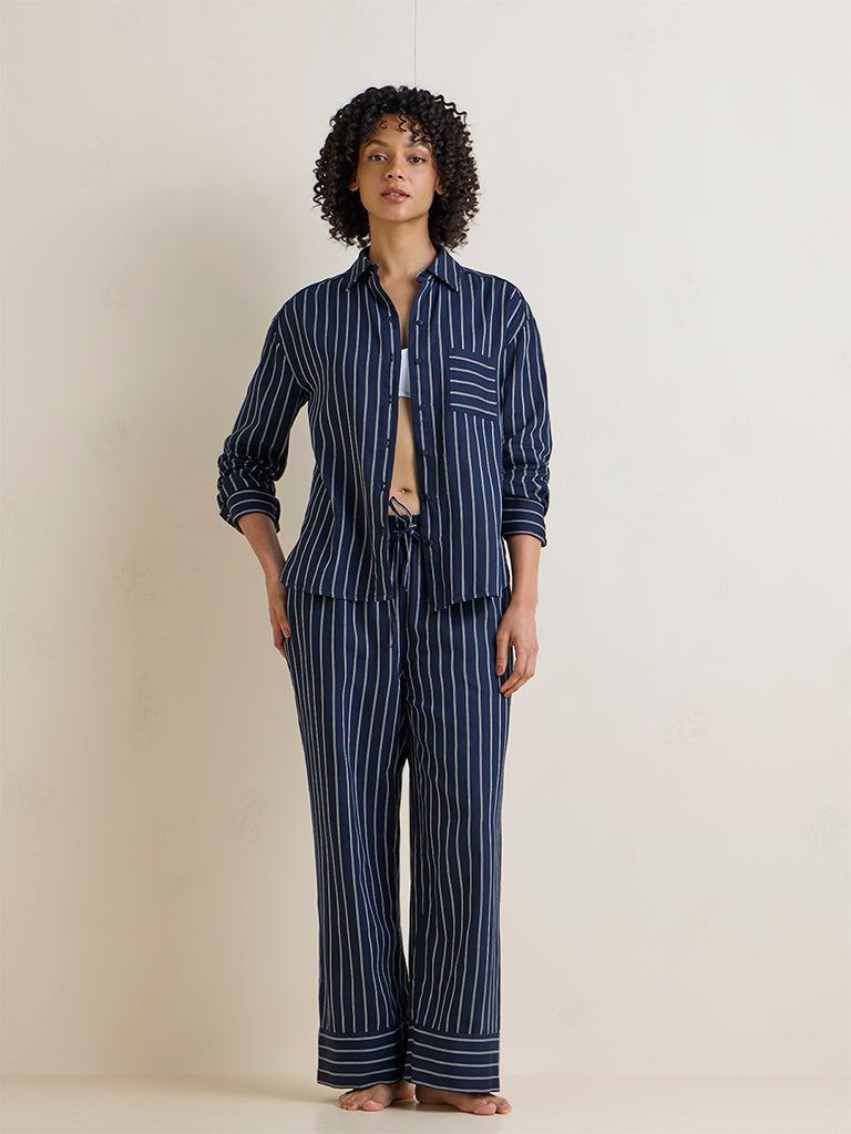 Wunderlove Navy Striped Cotton Shirt and Pyjamas Set