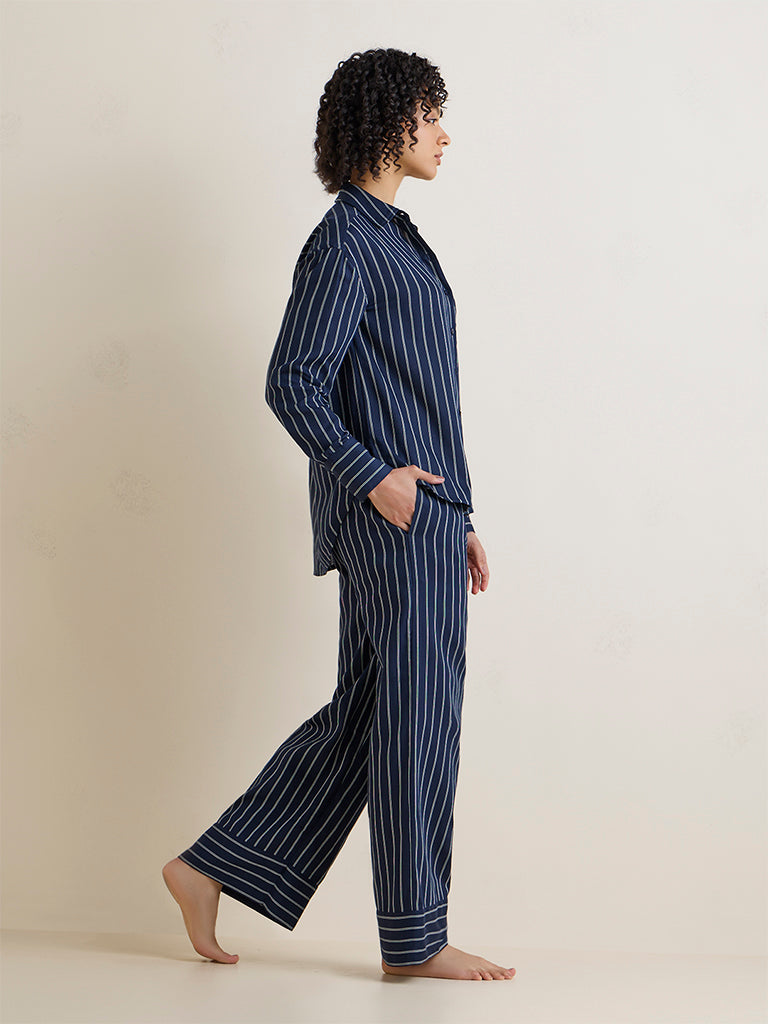 Wunderlove Navy Striped Cotton Shirt and Pyjamas Set