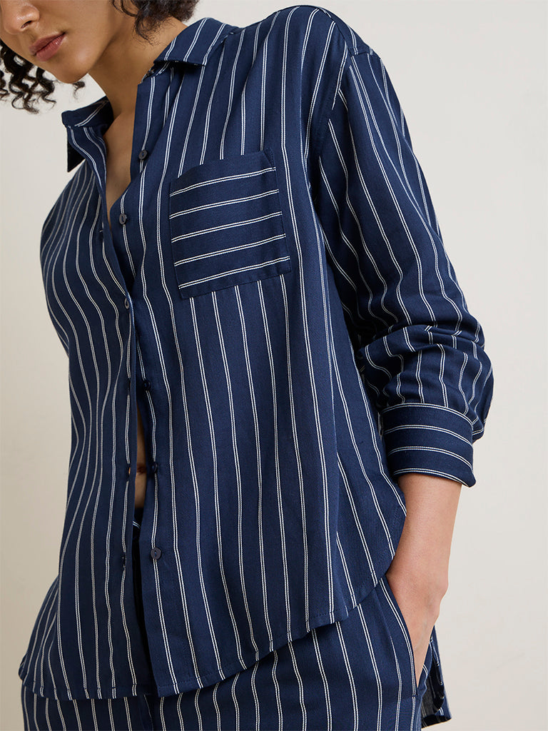Wunderlove Navy Striped Cotton Shirt and Pyjamas Set
