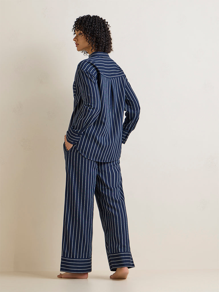 Wunderlove Navy Striped Cotton Shirt and Pyjamas Set
