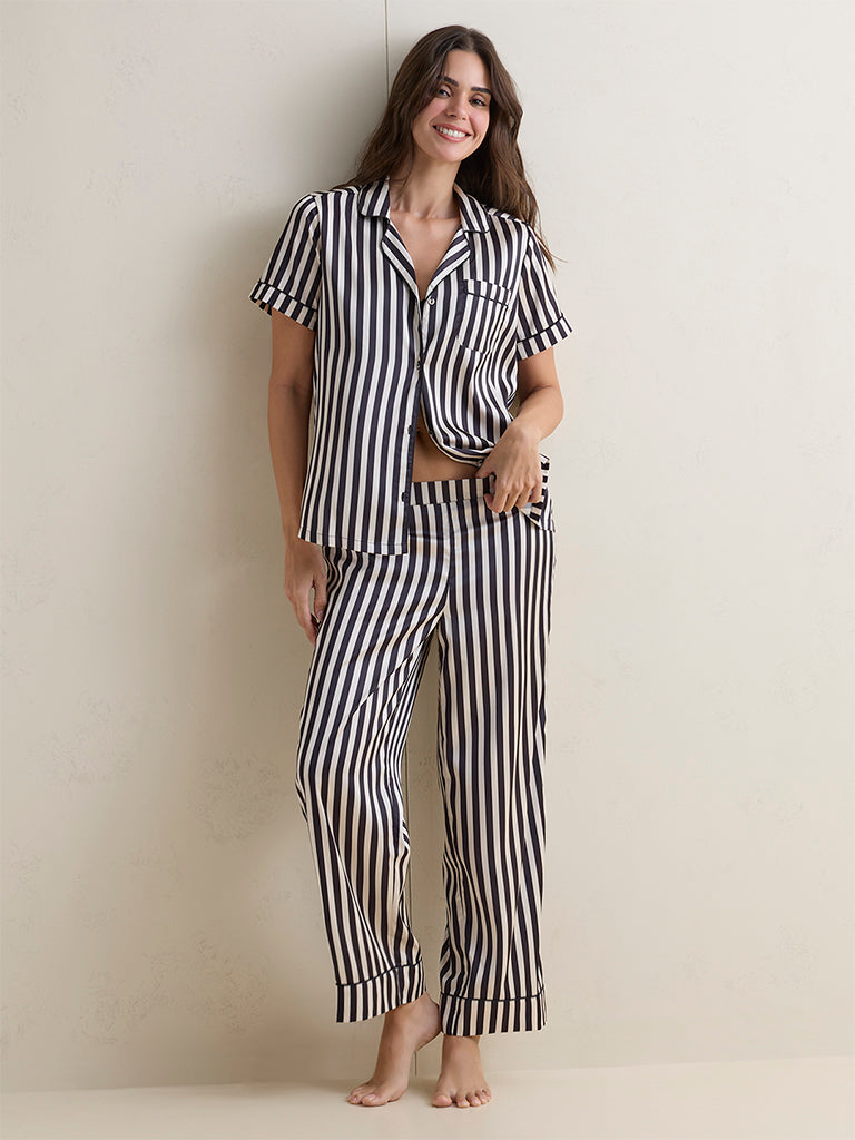 Wunderlove Black Striped Satin Shirt and Pants Set