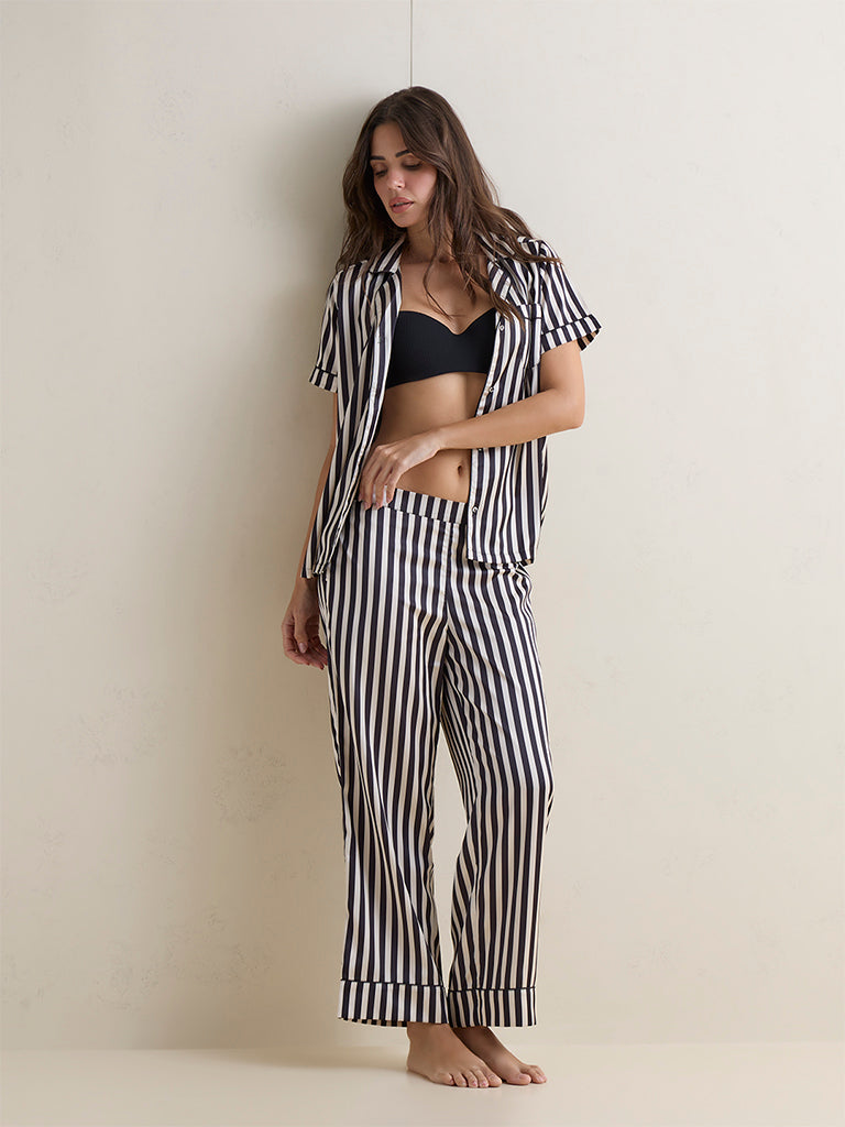 Wunderlove Black Striped Satin Shirt and Pants Set