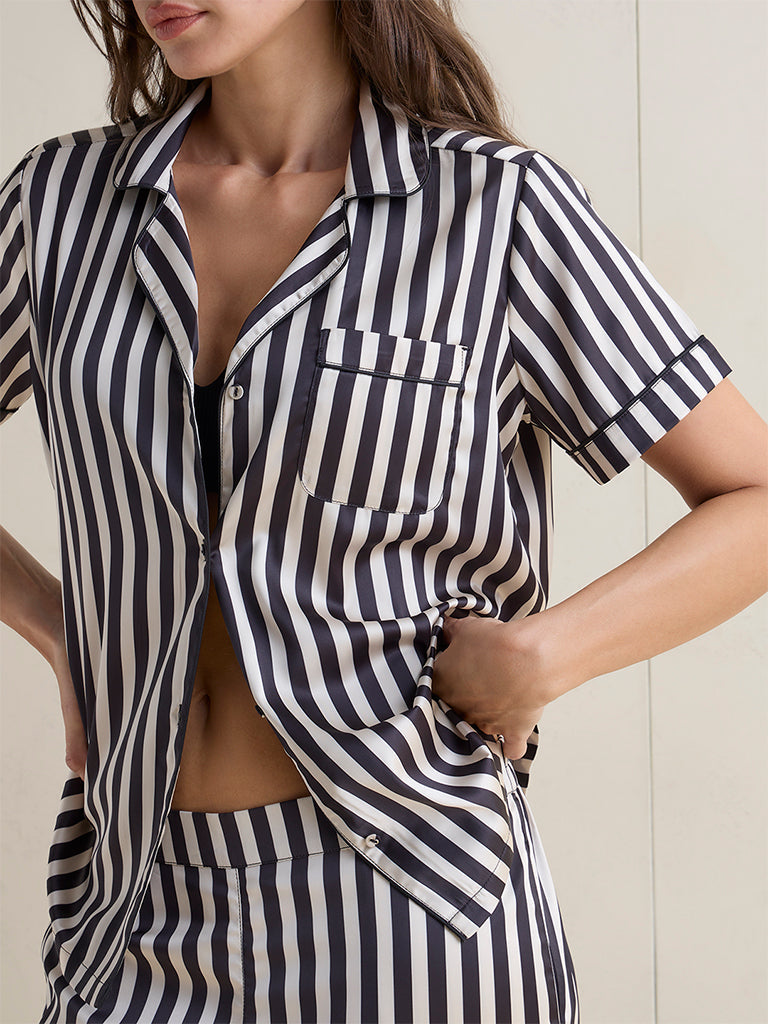 Wunderlove Black Striped Satin Shirt and Pants Set