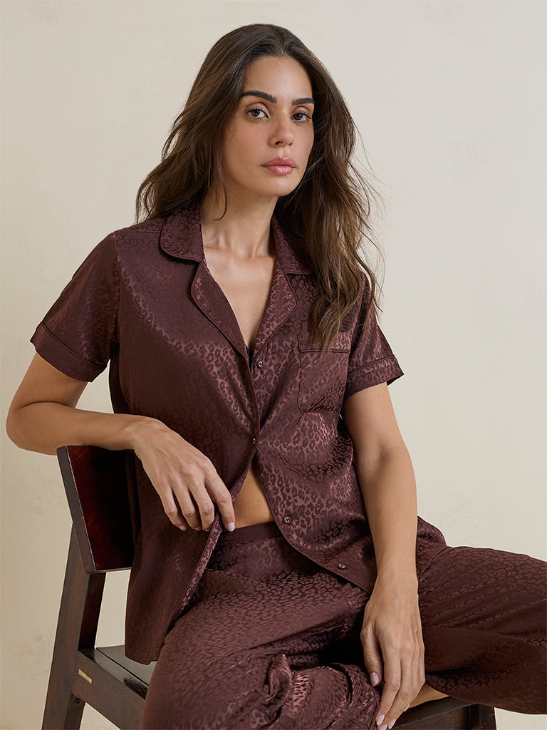 Wunderlove Dark Brown Animal Printed Shirt and Pyjama Set