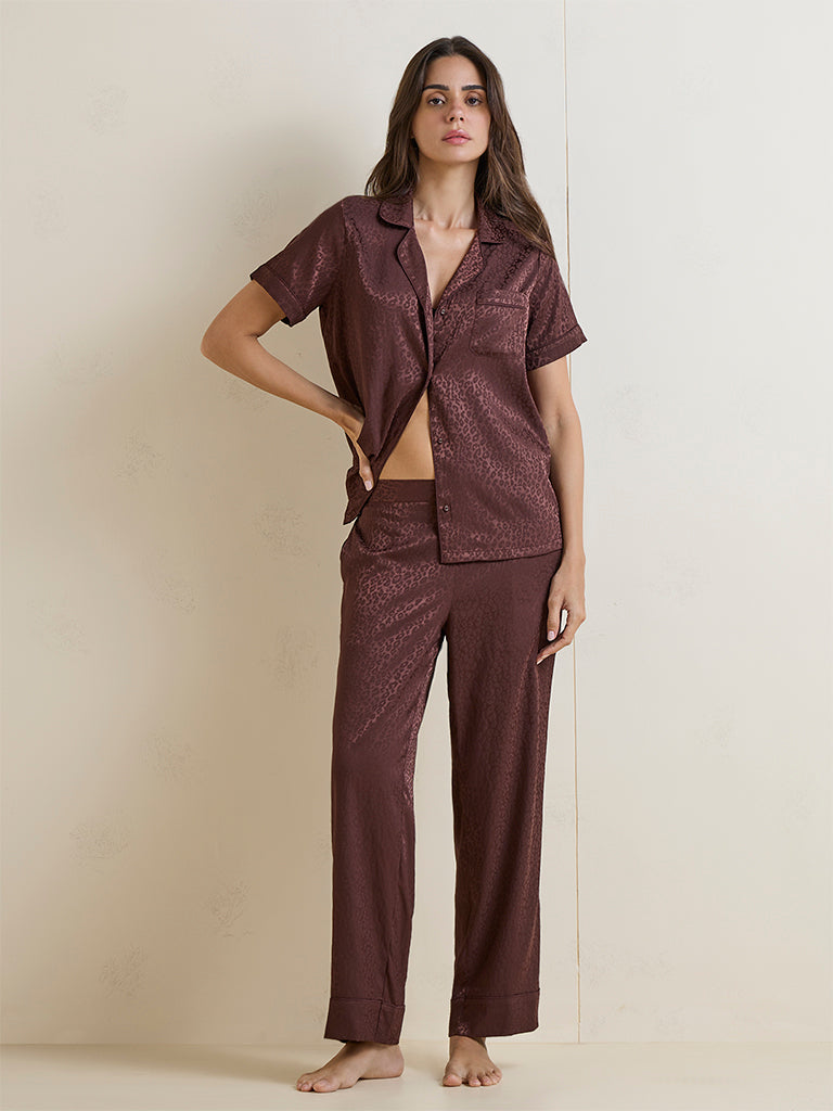 Wunderlove Dark Brown Animal Printed Shirt and Pyjama Set
