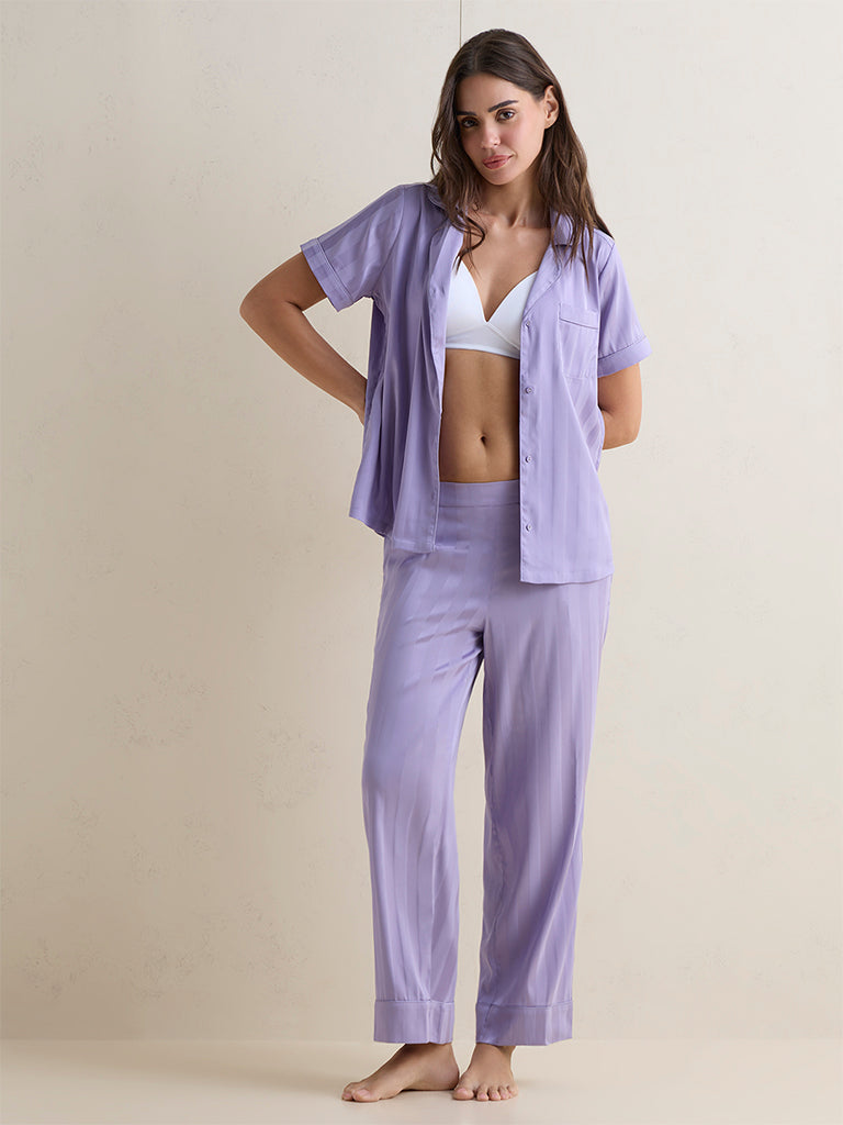 Wunderlove Lilac Self-Striped Satin Shirt and Pants Set