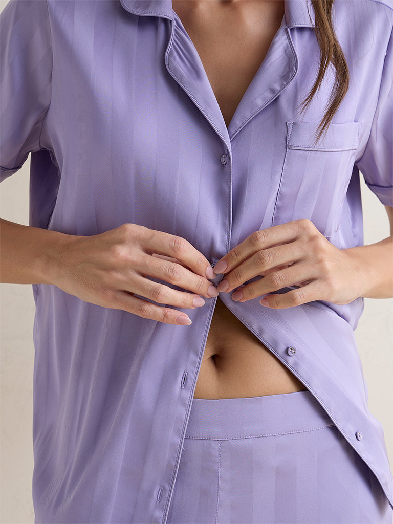 Wunderlove Lilac Self-Striped Satin Shirt and Pants Set
