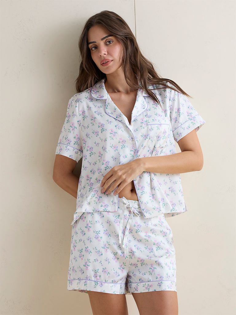 Wunderlove Lilac Floral Printed Shirt and Shorts Sets