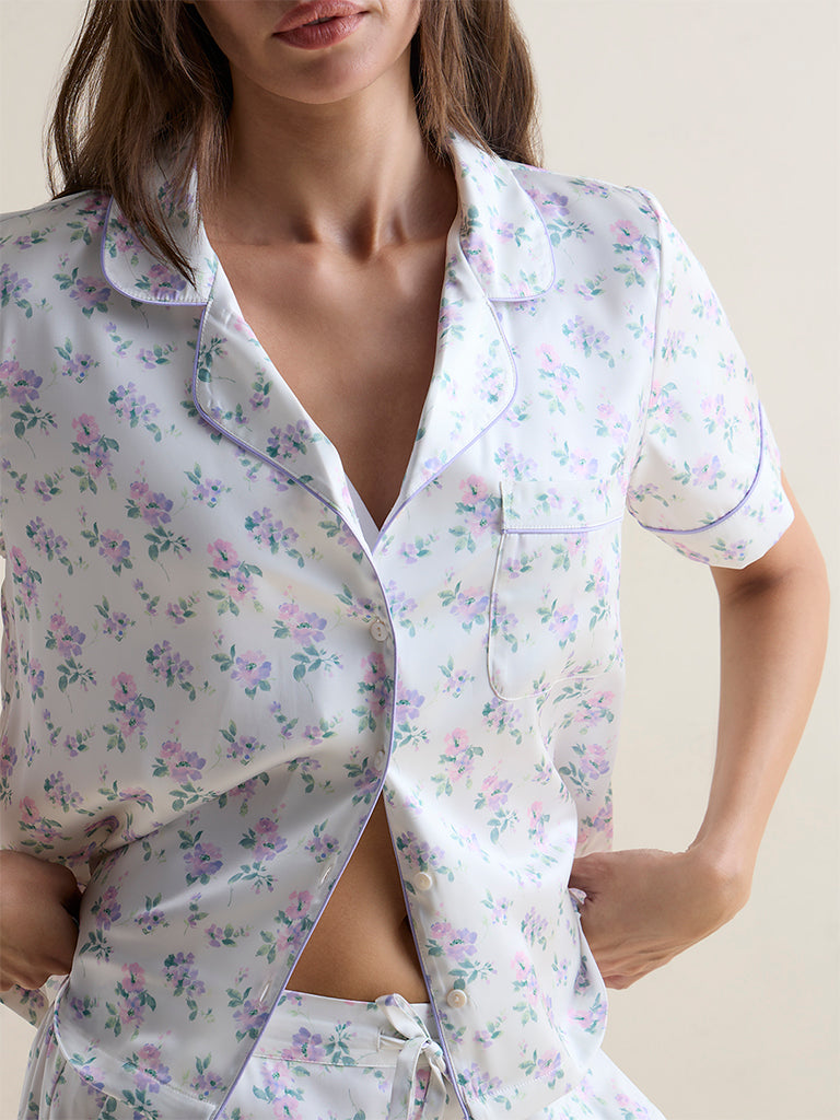 Wunderlove Lilac Floral Printed Shirt and Shorts Sets