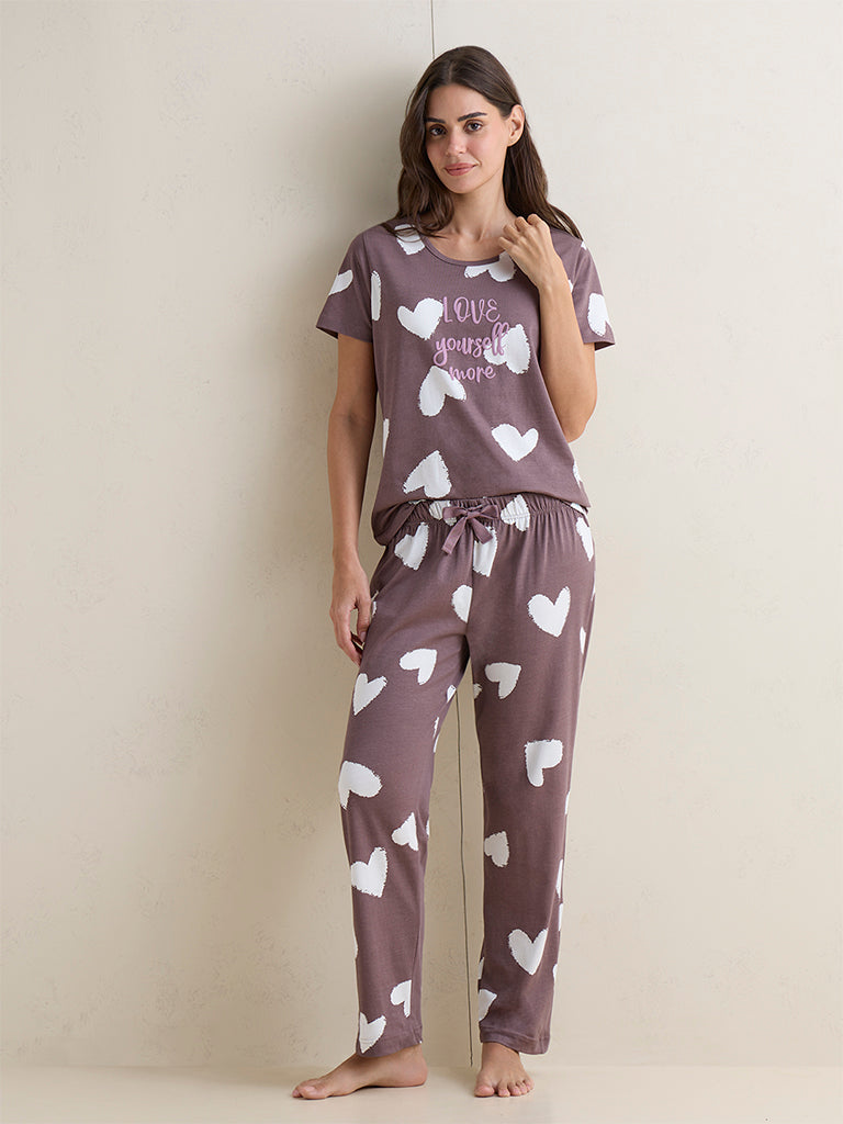 Wunderlove Dark Mauve Printed Cotton T-Shirt and Pyjamas Sets