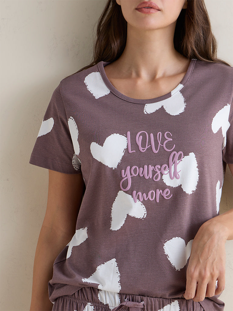 Wunderlove Dark Mauve Printed Cotton T-Shirt and Pyjamas Sets