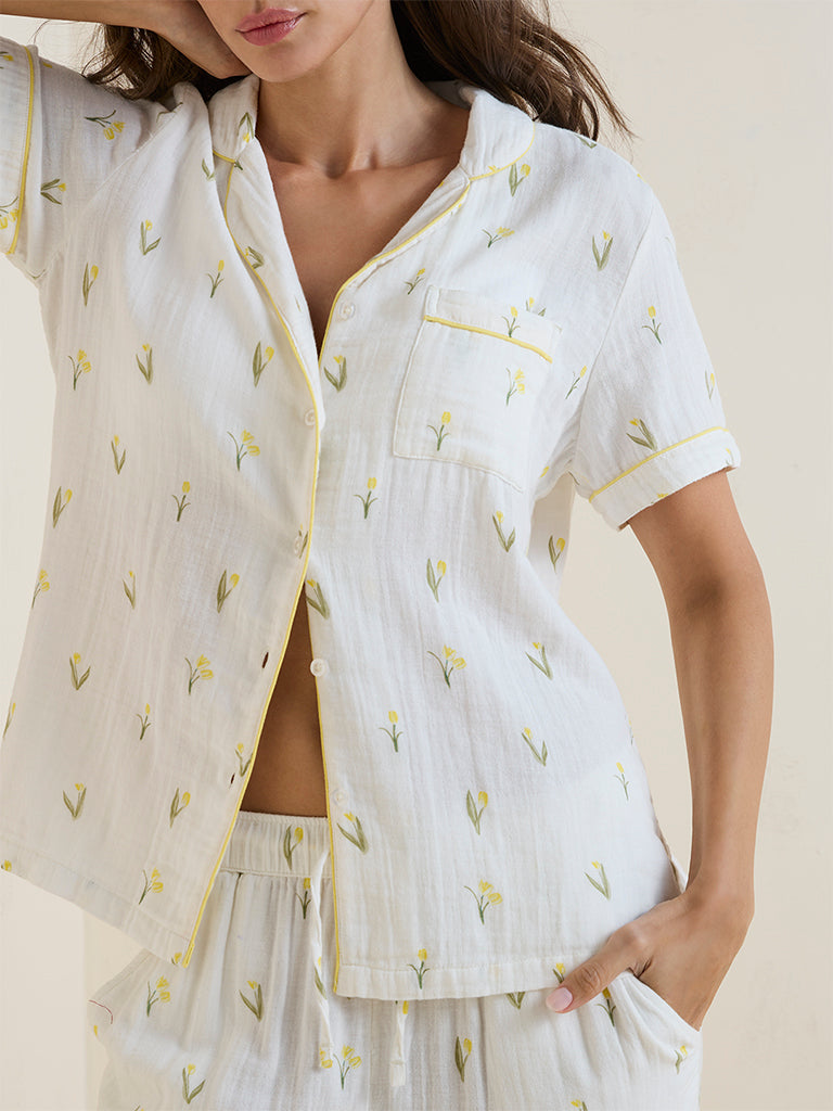 Wunderlove Ivory Foliage Pattern Cotton Shirt and Pyjama Set