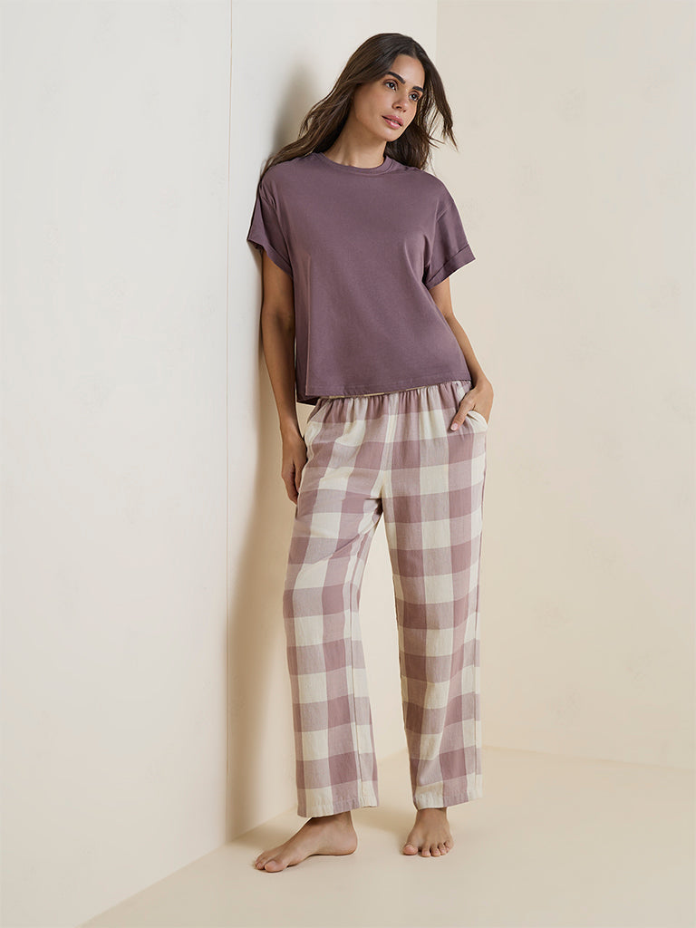 Wunderlove Mauve Checkered High-Rise Cotton Pants