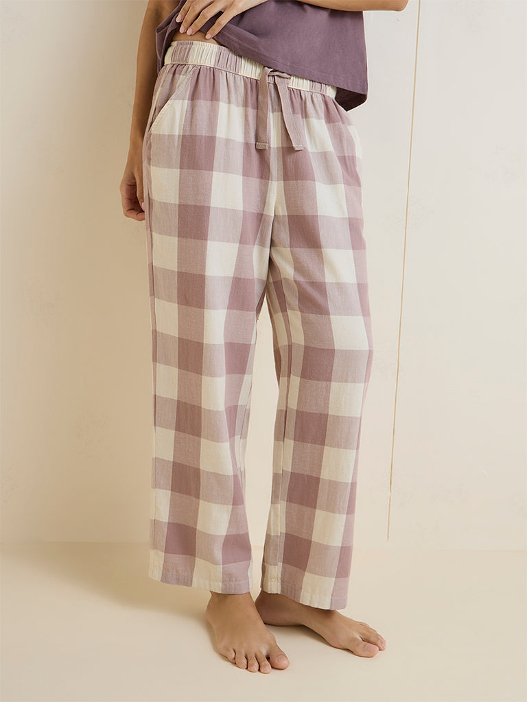 Wunderlove Mauve Checkered High-Rise Cotton Pants