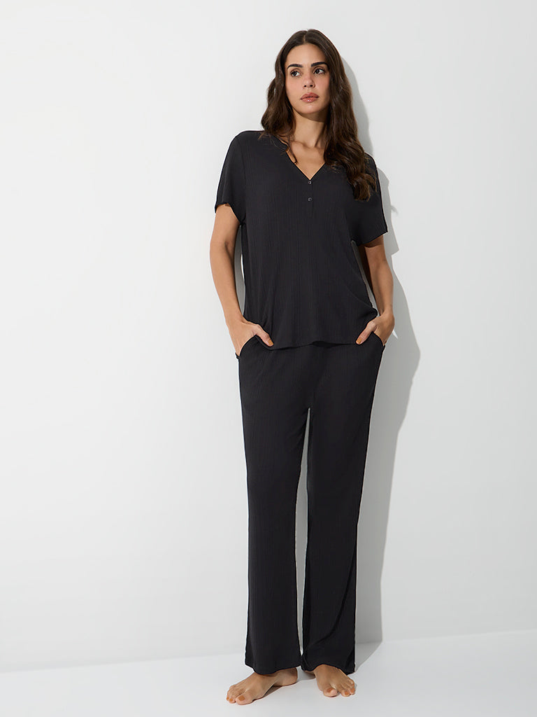 Wunderlove Black Ribbed High-Rise Pants