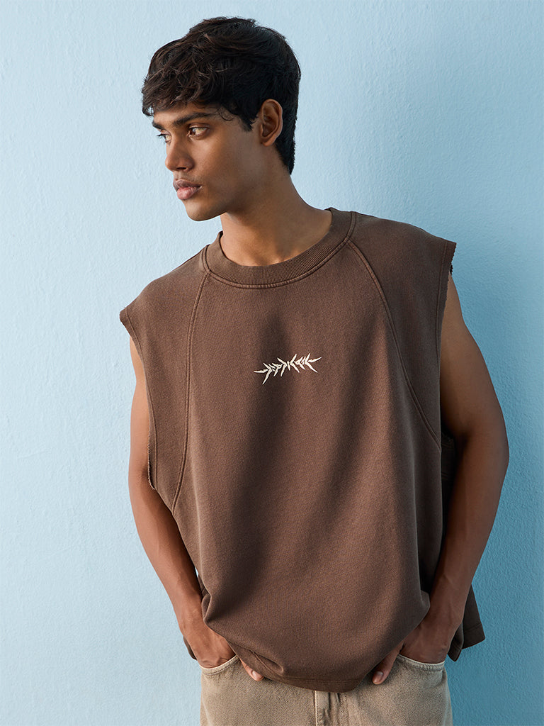 Nuon Dark Brown Printed Relaxed-Fit Cotton T-Shirt