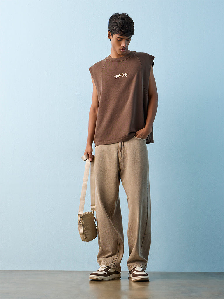 Nuon Dark Brown Printed Relaxed-Fit Cotton T-Shirt