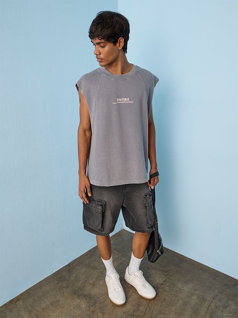 Nuon Dark Charcoal Printed Relaxed-Fit Cotton T-Shirt
