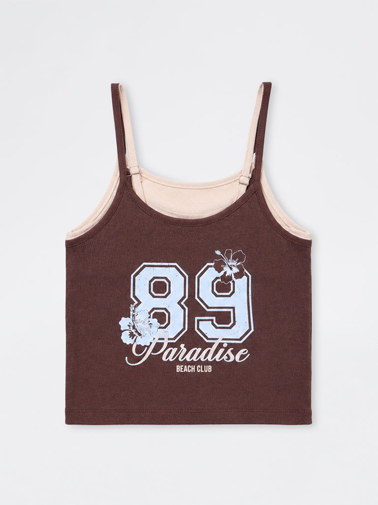 Girls Brown Numerical Printed Cotton-Blend Top