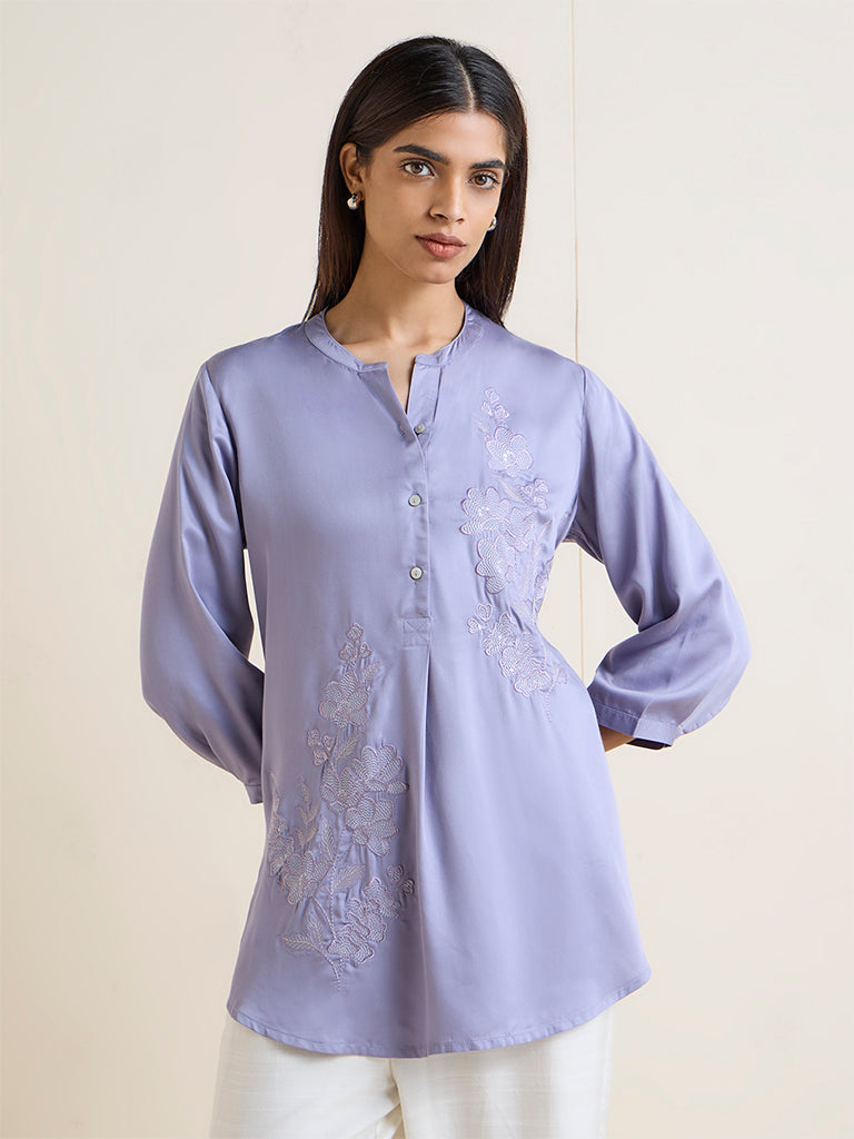 Zuba Purple Floral Embroidered Tunic