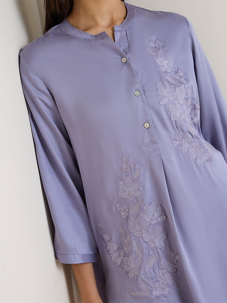 Zuba Purple Floral Embroidered Tunic