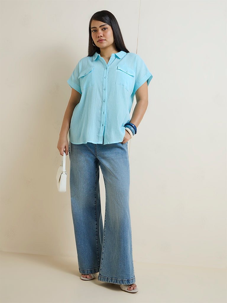 Gia Aqua Crinkle-Texture Cotton Shirt