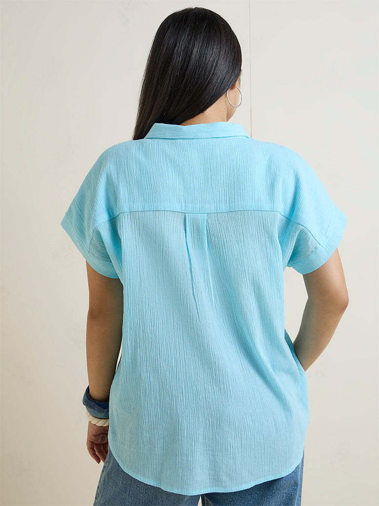 Gia Aqua Crinkle-Texture Cotton Shirt