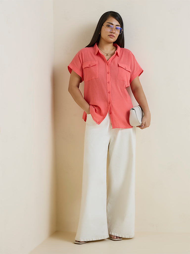 Gia Coral Crinkle-Texture Cotton Shirt