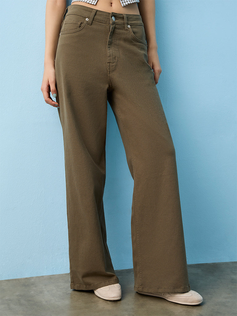 Nuon Olive Lace Detail High-Rise Jeans