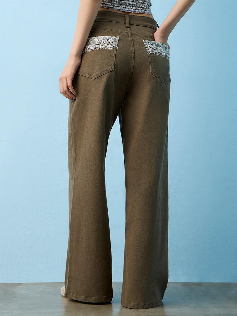 Nuon Olive Lace Detail High-Rise Jeans