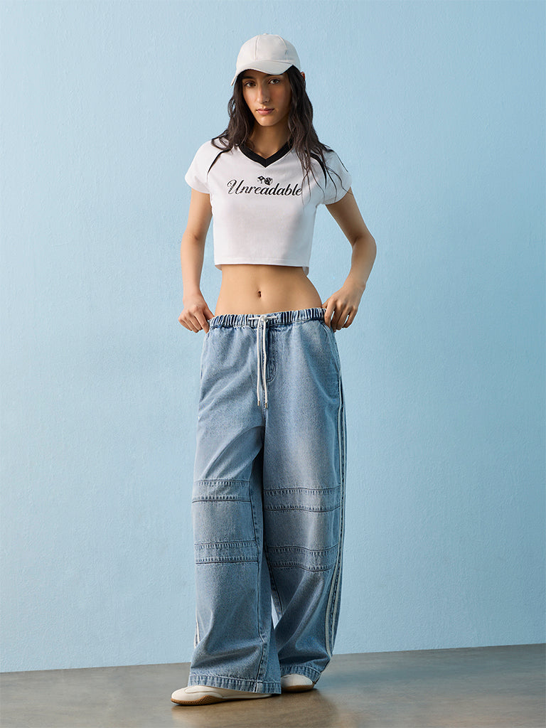 Nuon White Text Printed Cotton T-Shirt