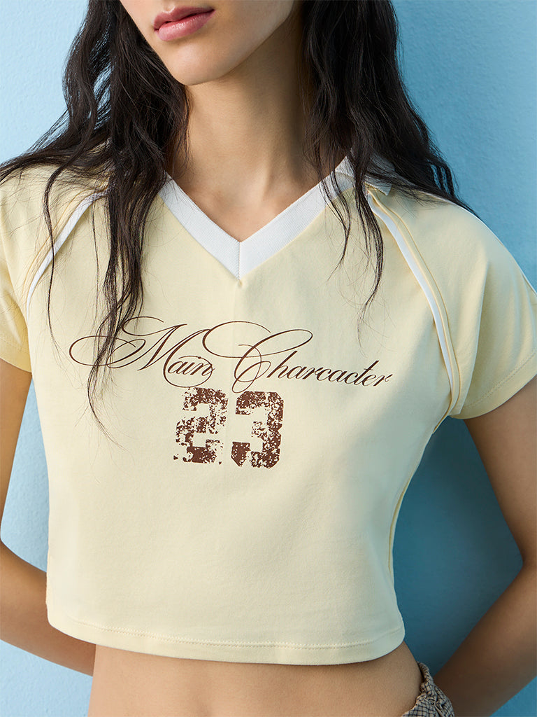 Nuon Light Yellow Text Printed Cotton T-Shirt