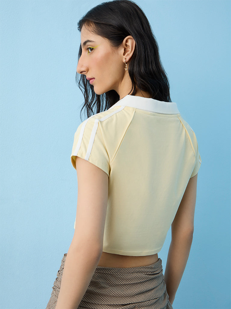 Nuon Light Yellow Text Printed Cotton T-Shirt