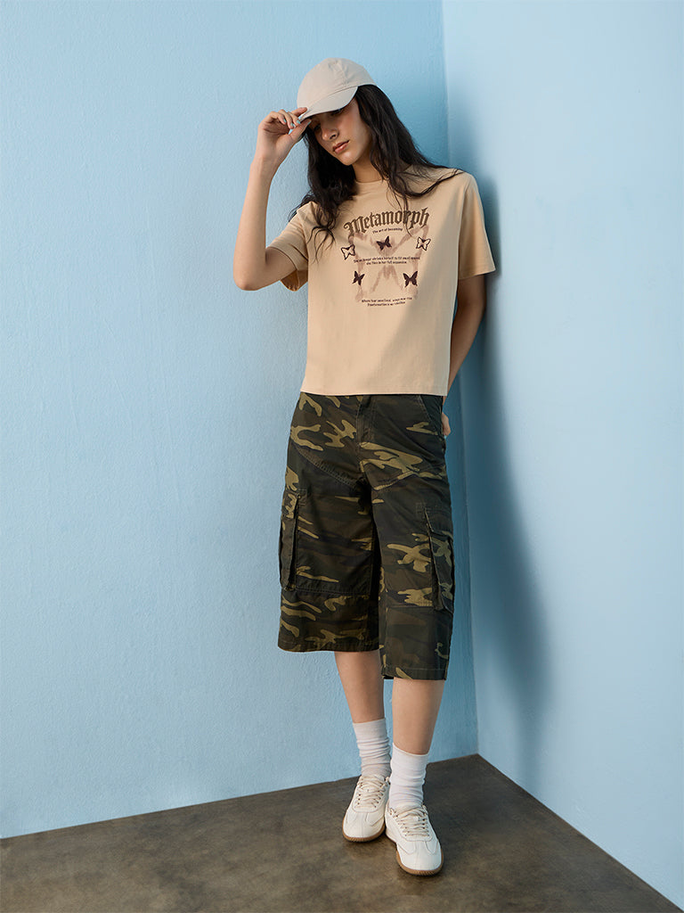 Nuon Beige Graphic Printed Cotton T-Shirt