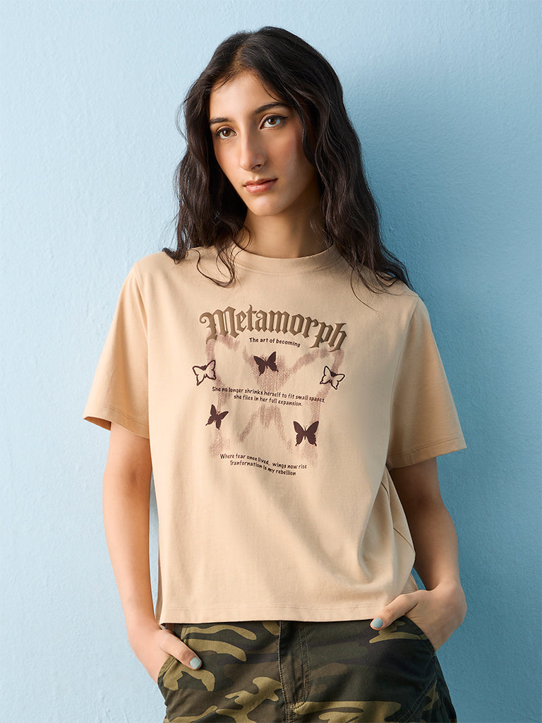 Nuon Beige Graphic Printed Cotton T-Shirt