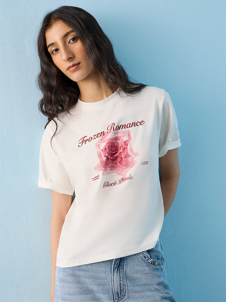 Nuon Off-White Floral Printed Cotton T-Shirt