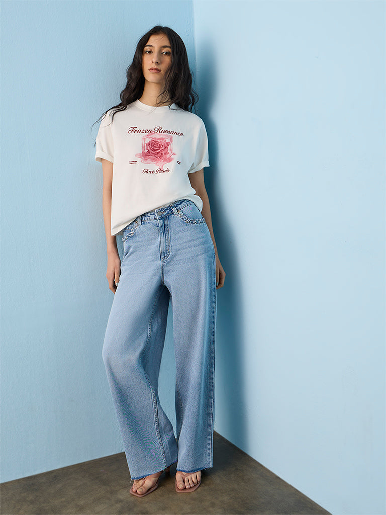 Nuon Off-White Floral Printed Cotton T-Shirt