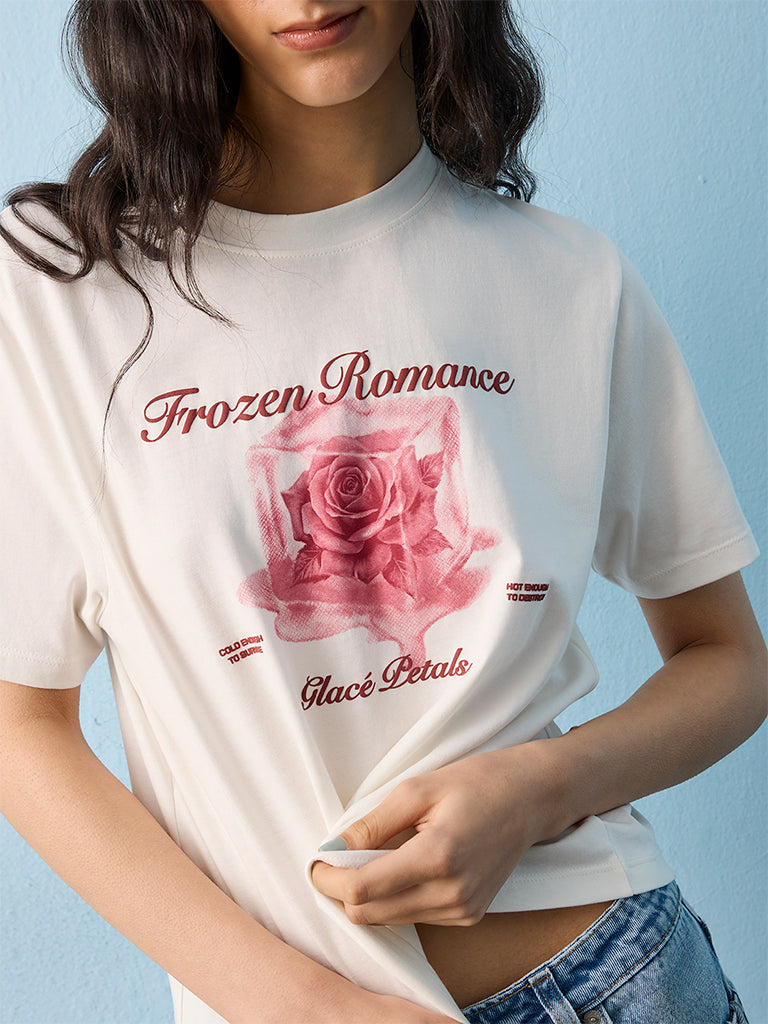 Nuon Off-White Floral Printed Cotton T-Shirt